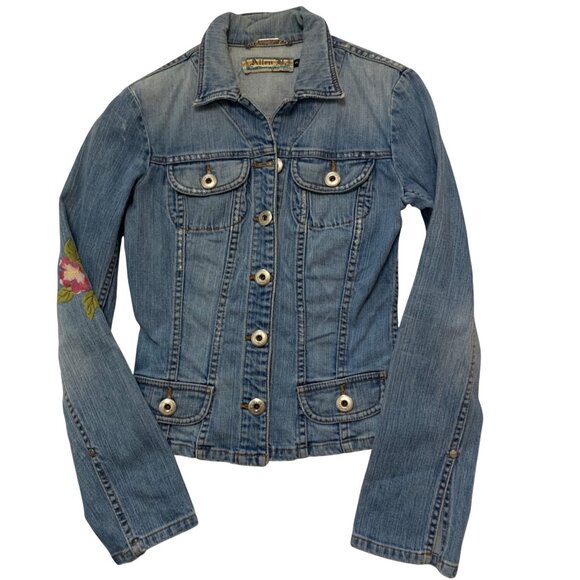 VTG Peacock Embroider Jean Jacket Extra Long Sleeves Y2K Fairygrunge dopamine - Picture 11 of 15